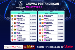 Jadwal dan Link Streaming UEFA Champions League / Liga Champions pekan-4 di Vidio