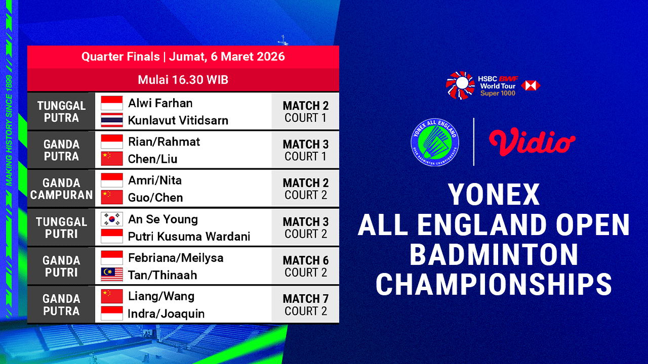 Tempat Menonton Perempat Final All England Open 2026! Saksikan Perjuangan Alwi Farhan dan Putri Kusuma Wardani