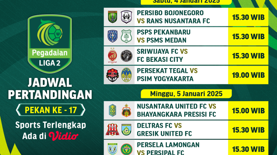 jadwal siaran langsung pegadaian liga 2 pekan 17