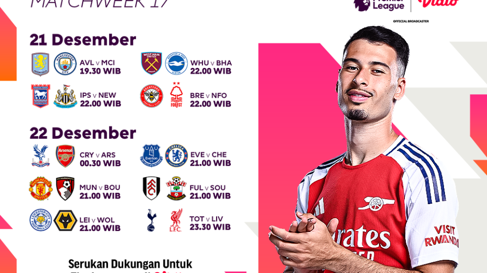 jadwal siaran langsung liga inggris matchweek 17