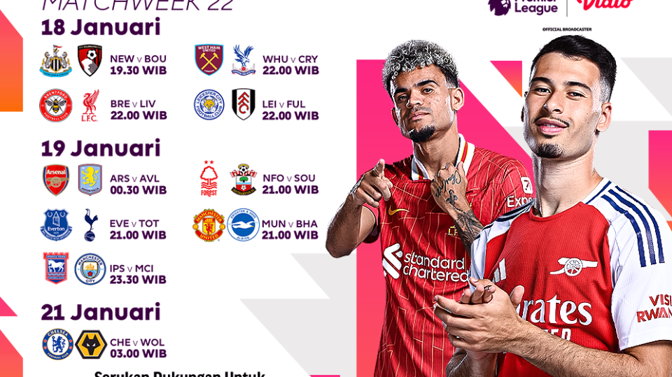 jadwal siaran langsung liga inggris matchweek 22