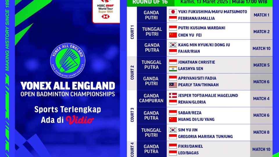 jadwal live streaming bwf all england open 2025 babak 16 besar hari ini