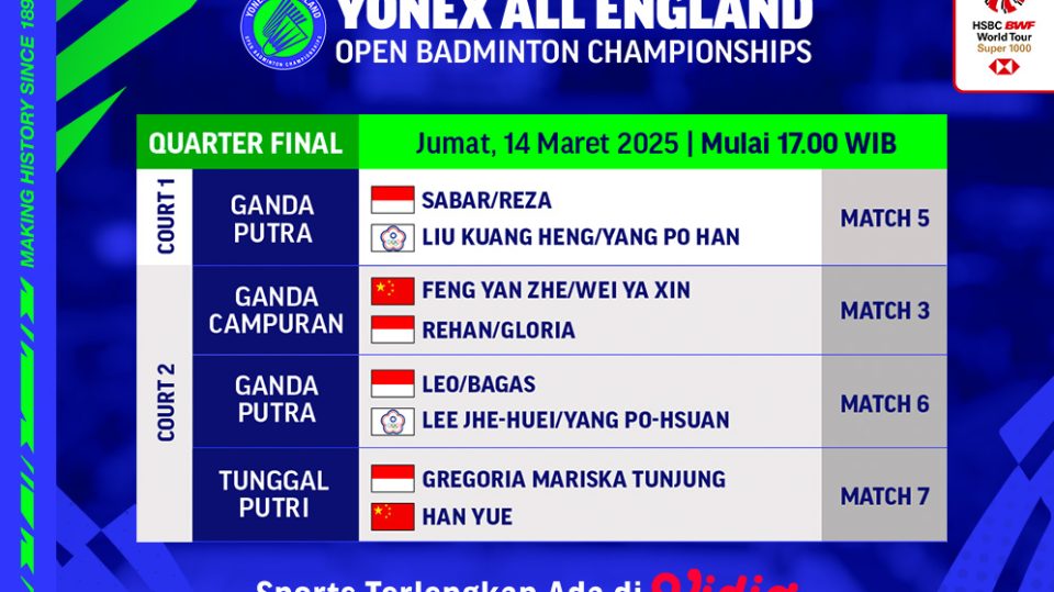 jadwal live streaming bwf all england open 2025 perempat final