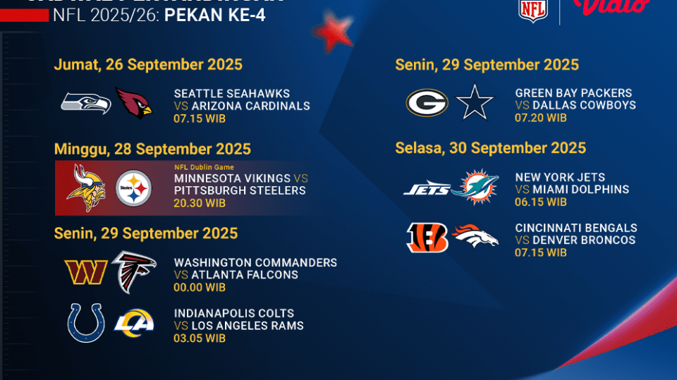 Jadwal NFL pekan keempat, nonton eksklusif di Vidio. (dok. vidio.com)