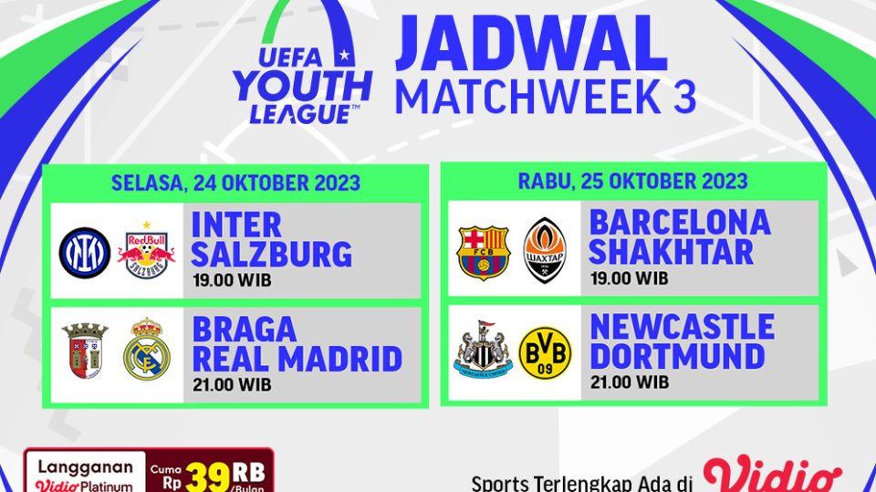 Jadwal dan Link Streaming UEFA Youth League UYL 2023 pekan 3