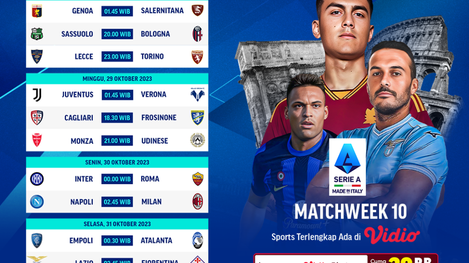 Jadwal dan Link Streaming Serie A Pekan Ke-10 Musim 2023/2024 di Vidio