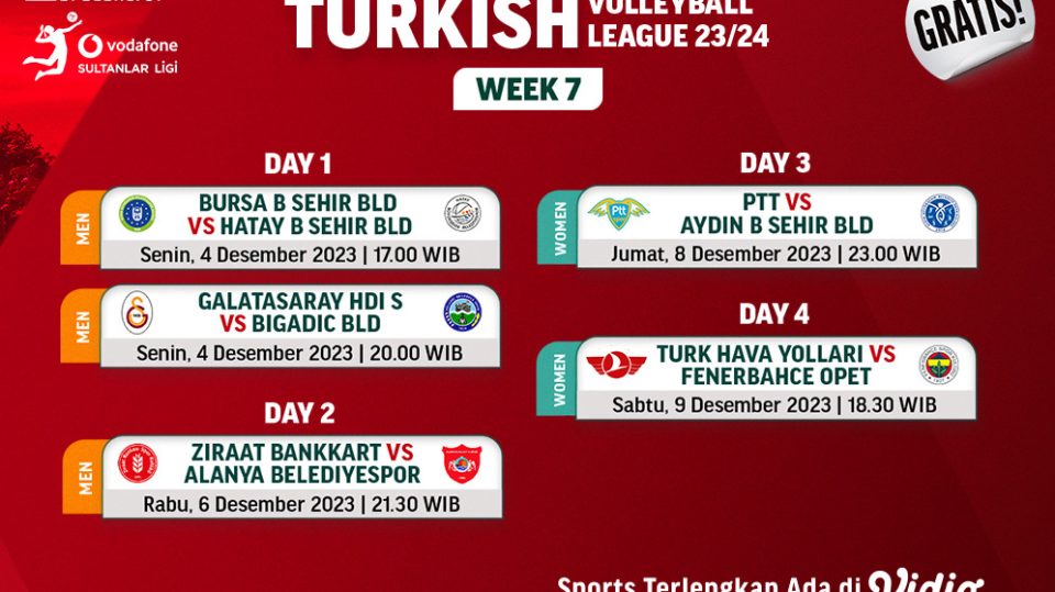 Jadwal Turkish Volleyball League Week 7 di Vidio