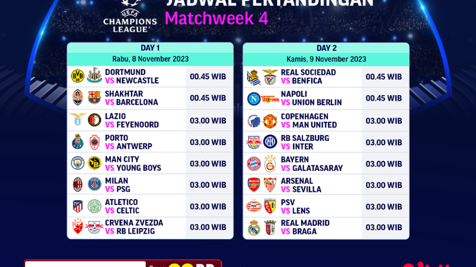 Jadwal dan Link Streaming UEFA Champions League / Liga Champions pekan-4 di Vidio