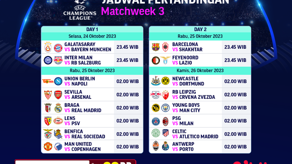 Jadwal dan Link Streaming UEFA Champions league 2023/24 pekan ini