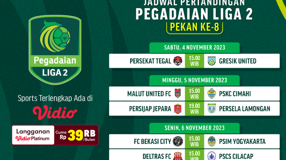 Jadwal dan link streaming Pegadian Liga 2