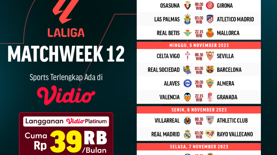 Simak jadwal dan link streaming LALIGA Pekan-12 musim 2023/2024 di Vidio