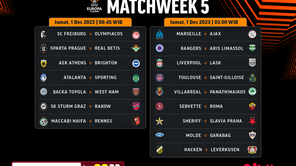 Jadwal dan link streaming UEFA Europa League atau Liga Eropa, Jumat, 1 Desember 2023 di Vidio