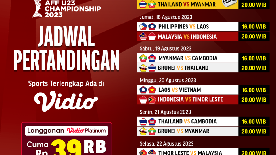 Jadwal Piala AFF U-23 Thailand 2023