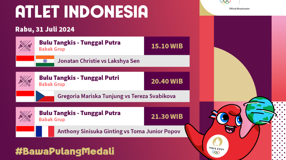 Jadwal Atlet Indonesia di Paris 2024 Hari ini, Rabu (31/7/2024)