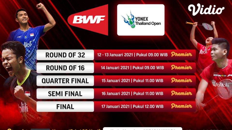 Badminton Live YONEX Thailand Open 2021 dapat ditonton melalui Live Streaming BWF & TVRI
