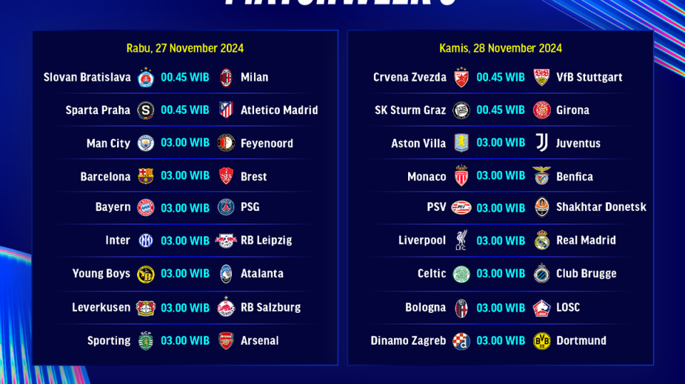 jadwal dan siaran langsung liga champion matchweek 5