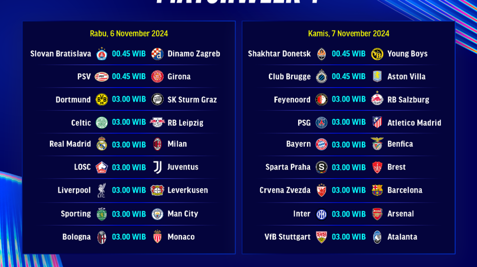 Jadwal dan siaran langsung liga champion matchweek 4