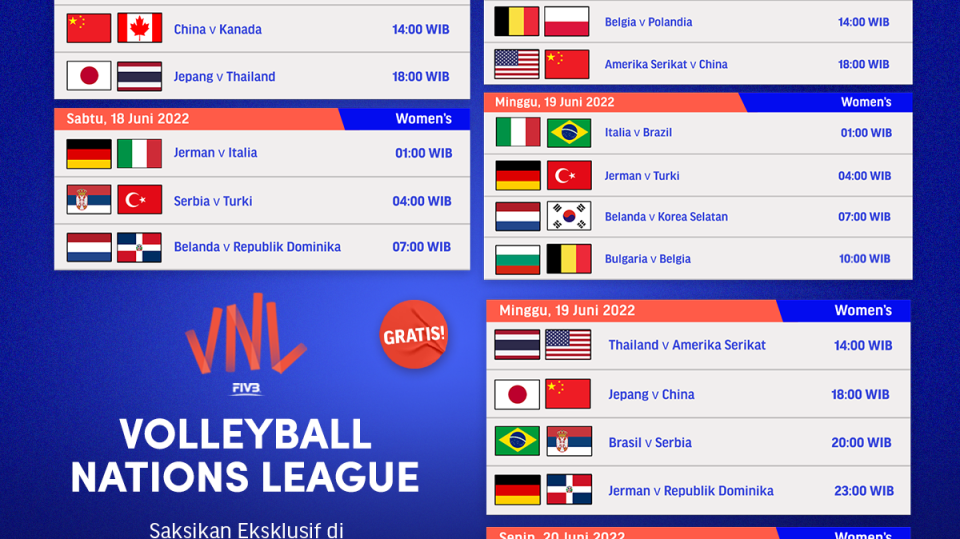Jadwal Lengkap VNL 2022 Putri Live Pekan Ini