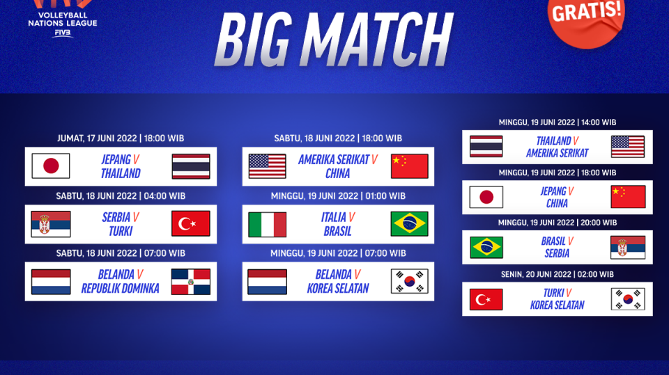 Live Streaming Amerika Serikat vs Cina: Jadwal VNL 2022 Putri