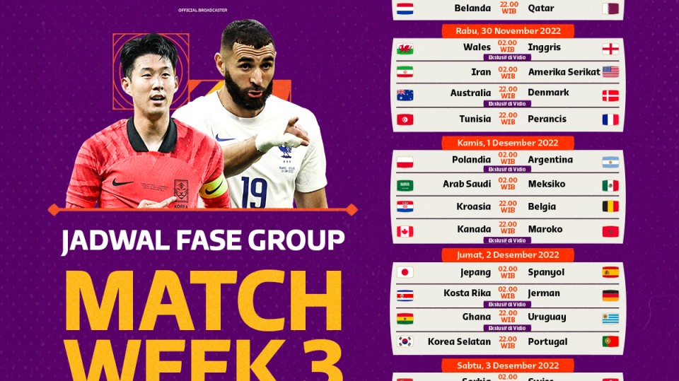 Jadwal dan Link Live Streaming Piala Dunia 2022 Matchweek 3 di Vidio
