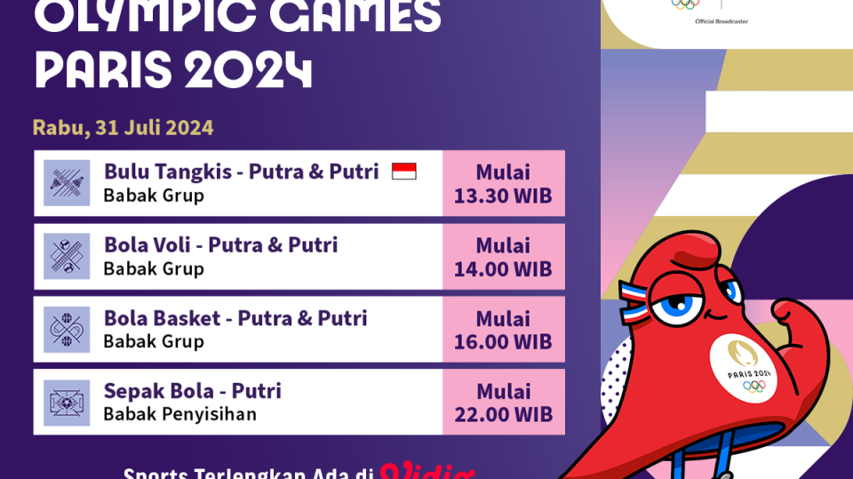 Jadwal Olahraga Pilihan Paris 2024 hari ini, 31 Juli