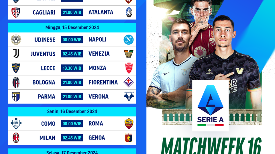 jadwal dan siaran langsung liga italia matchweek 16