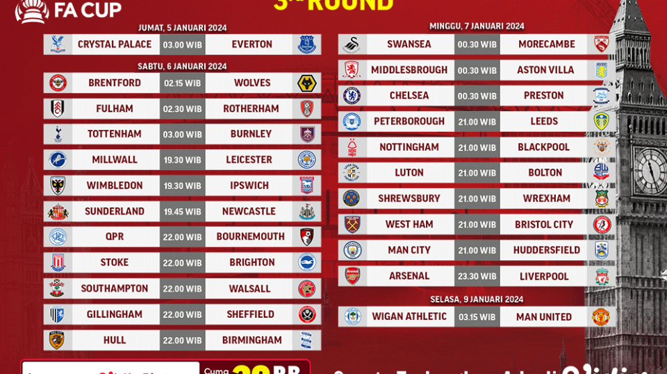 Jadwal link streaming FA Cup Round 3