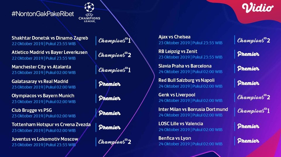 Jadwal Pertandingan Liga Champions 22 - 24 Oktober 2019