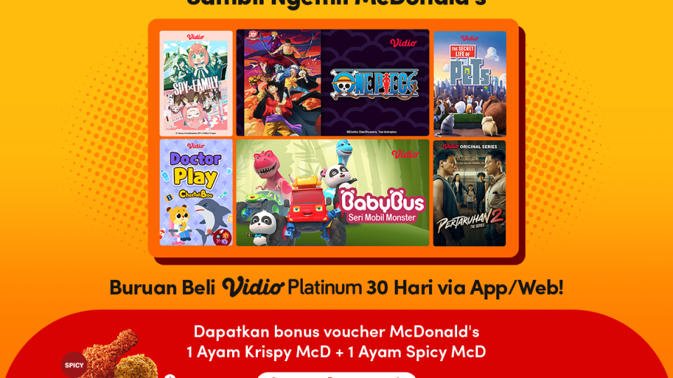 Langganan Vidio Platinum 30 Hari, Nonton Series & Dapatkan Bonus Voucher McDonald’s!