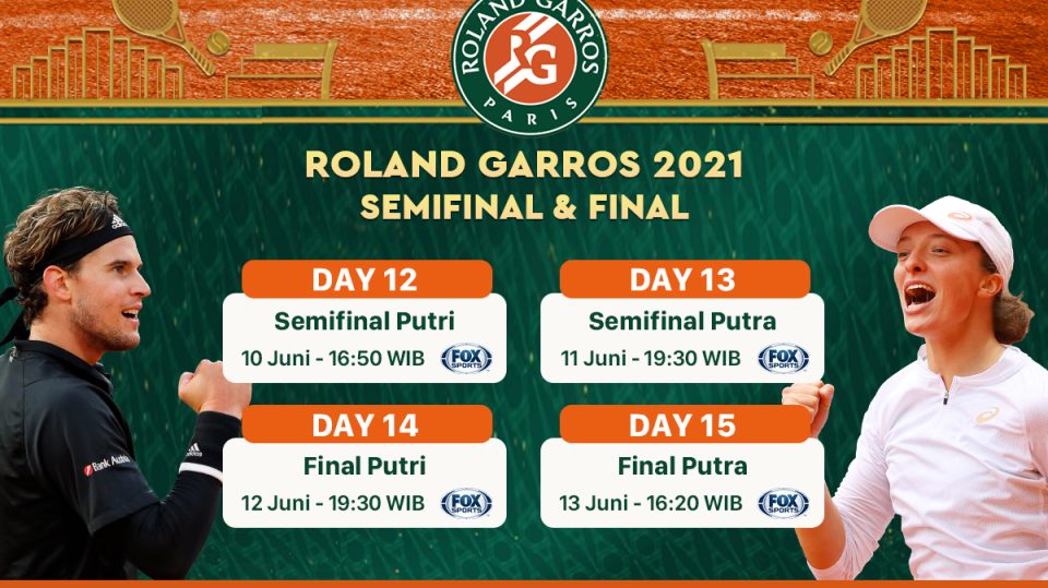 Jadwal semifinal dan final roland garros 2021