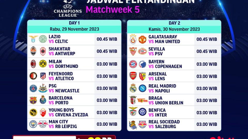 Jadwal dan link streaming UCl Matchweek 5. Saksikan di Vidio!