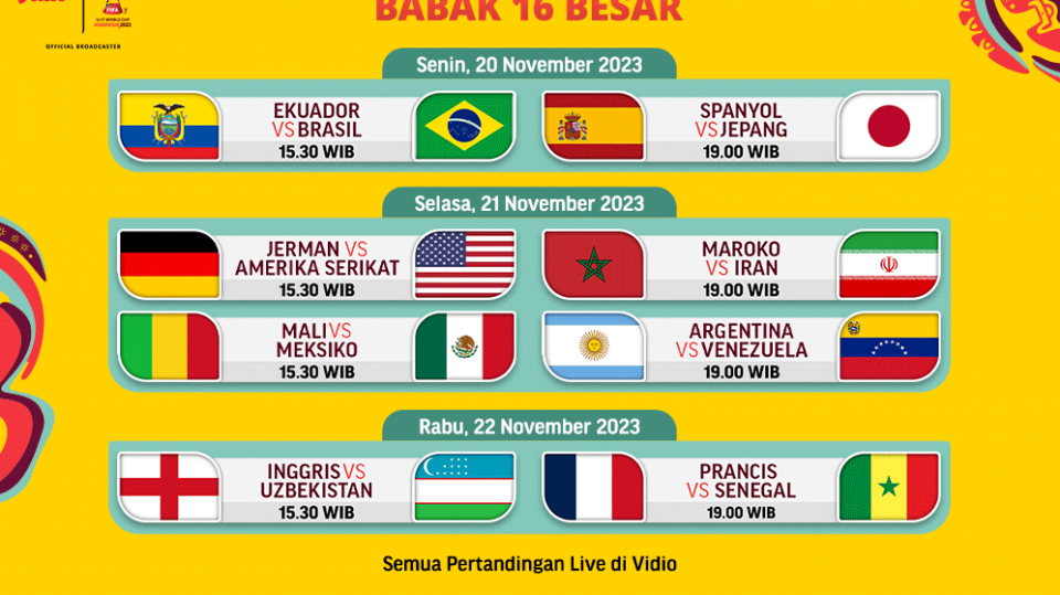 Jadwal dan Link Streaming Babak 16 Besar Piala Dunia U-17 2023 di Vidio