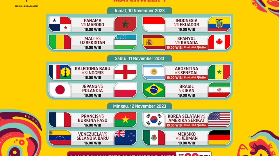 Jadwal Piala Dunia U-17 2023 Indonesia Matchweek 1
