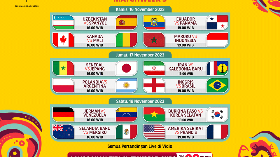 Jadwal dan Link Streaming Piala Dunia U-17 2023 Matchday 3