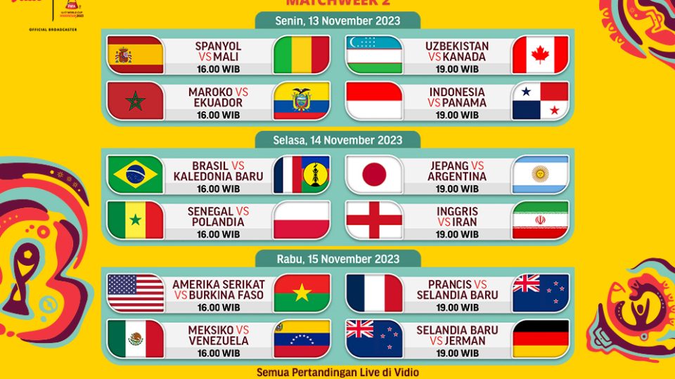 Jadwal link streaming Piala Dunia U-17 2023 Matchday 2
