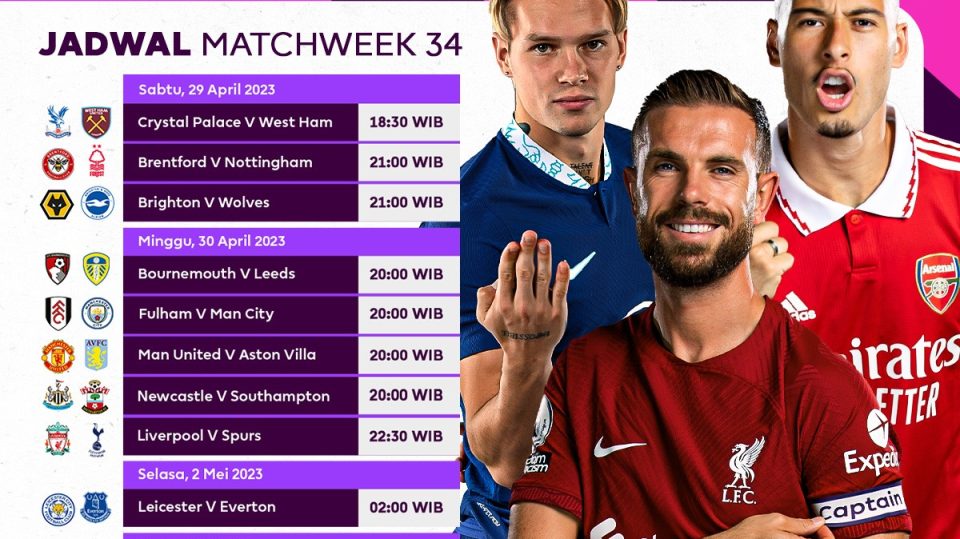 Jadwal Siaran Langsung Liga Inggris Match Week 34